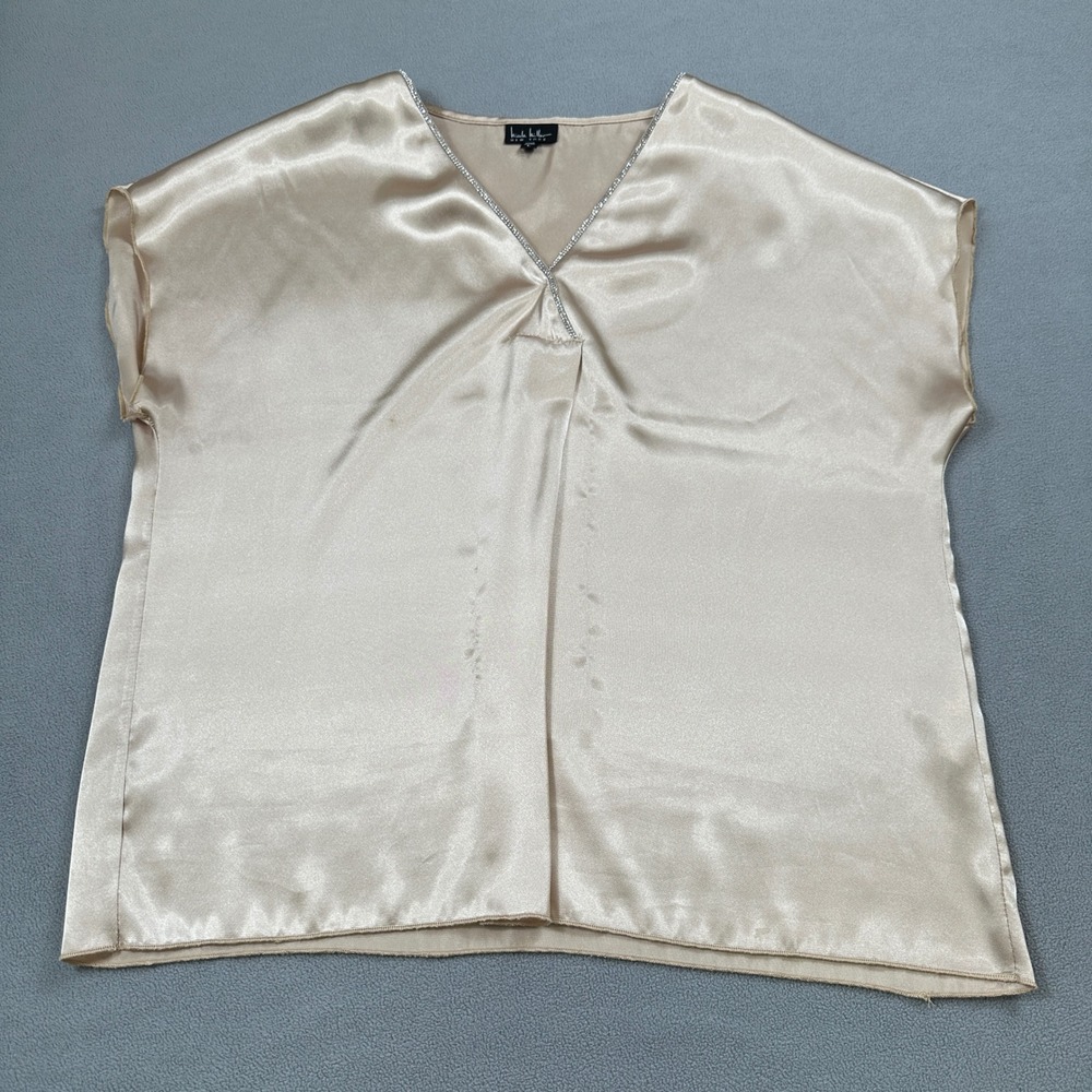 Nicole Miller New York Blouse L Gold MADE IN USA Rhinestone V Neck Satin Top